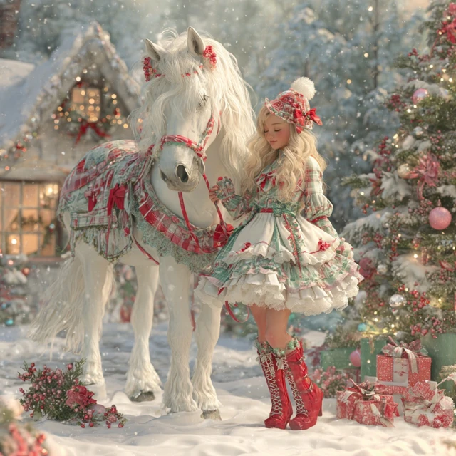 Christmas Countryside Scene Girl and White Horse