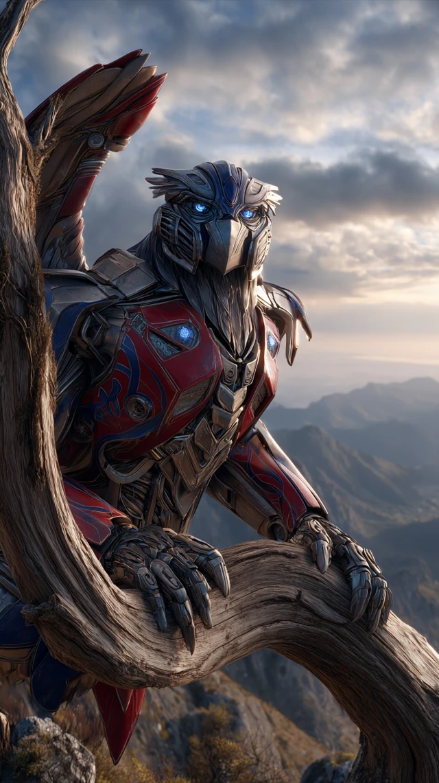 Cyber Eagle Autobot Perched on Mountain Cliff