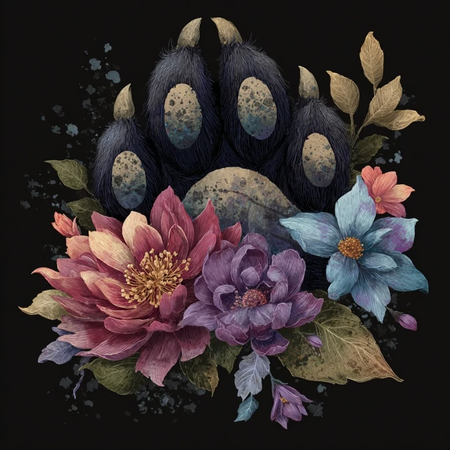 Fantasy Cat Paw Prints and Flowers Art