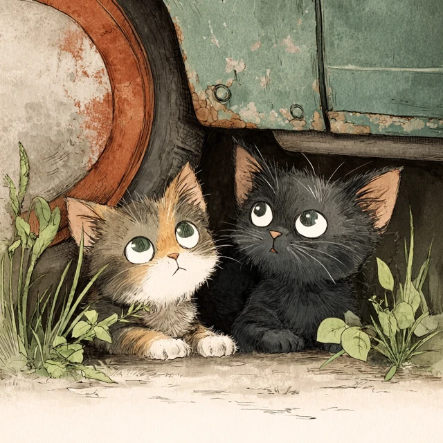 Two Cute Kitten Illustration Hand Painted Style