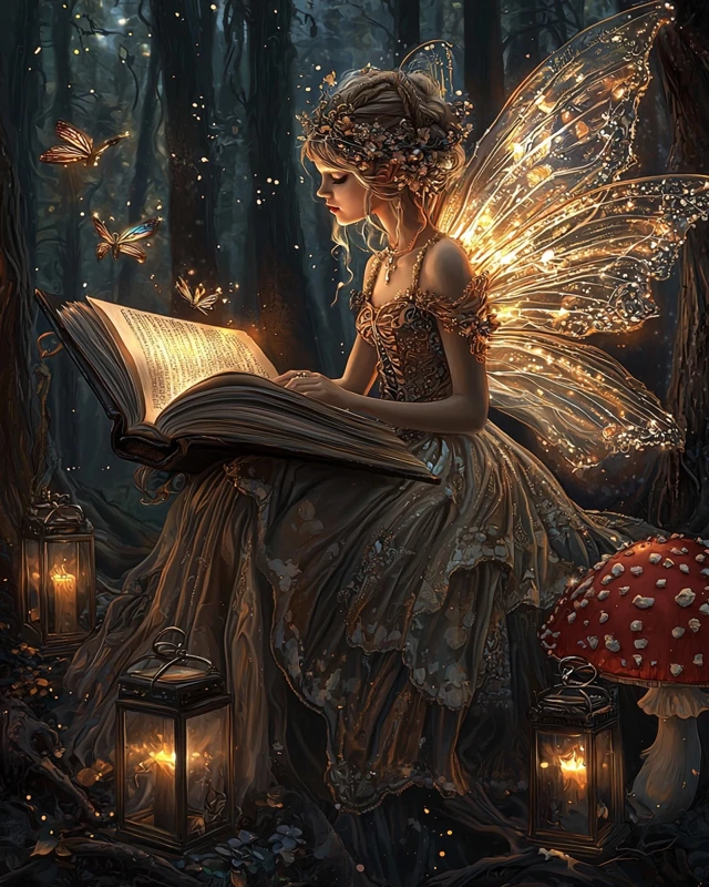 Fairy Reading Fairytales in Enchanted Forest Illustration