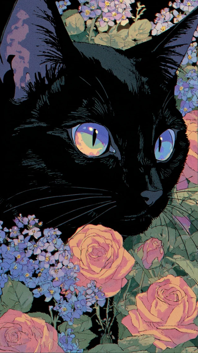 Cat in Flowers Pastel Neon Art