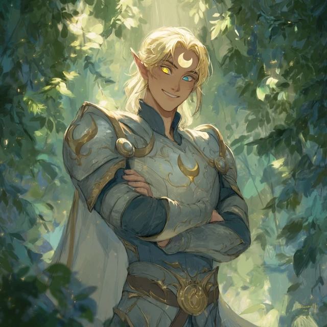 Elven Warrior Paladin with Heterochromia in a Forest