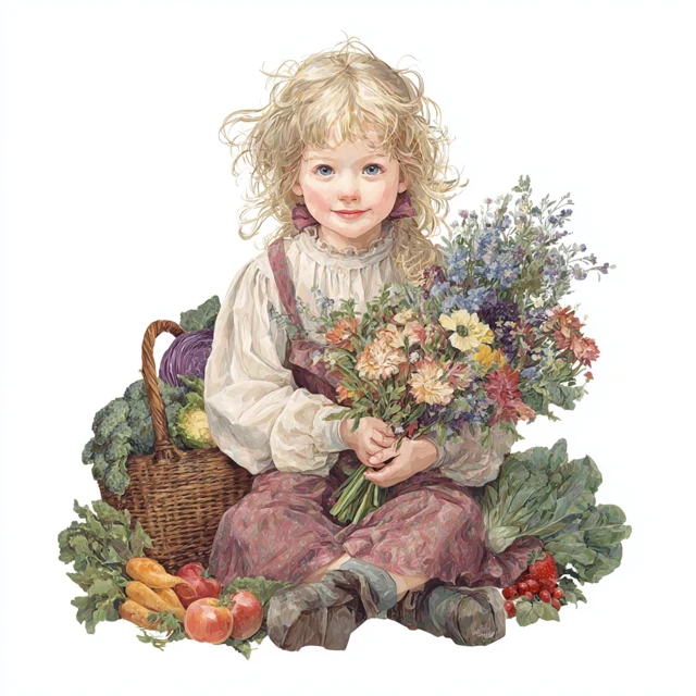 Charming Girl with Flowers and Vegetables Illustration