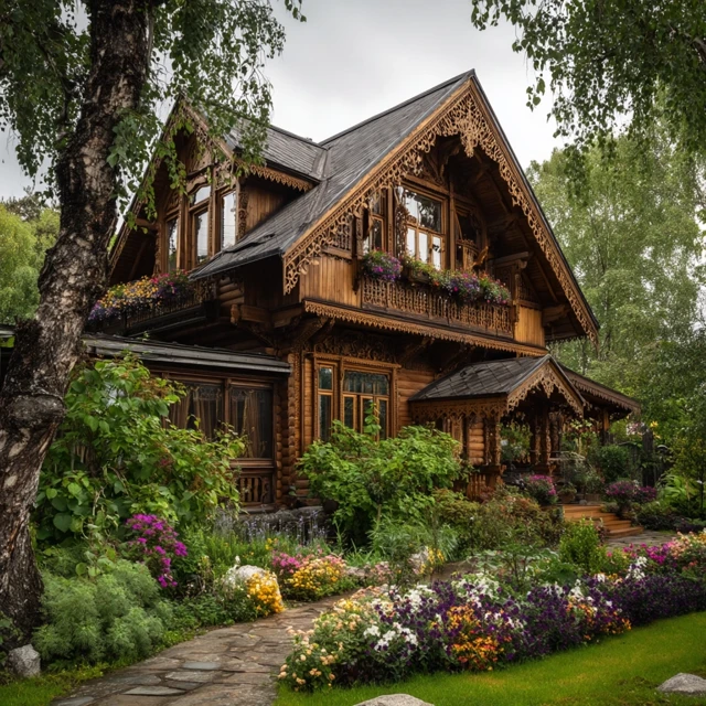 Wooden House with Carved Details and a Flowerbed