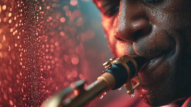Saxophone Player in the Rain Close Up