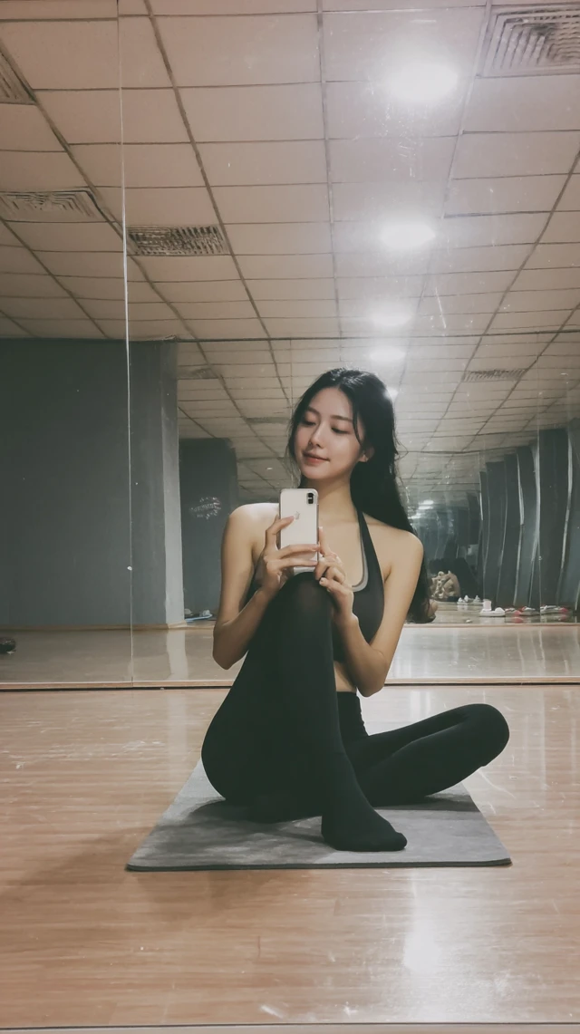 Beautiful Chinese Woman in Black Stockings Taking a Selfie