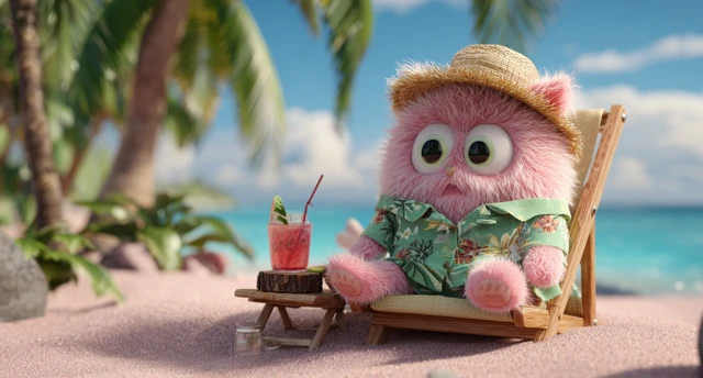 Cute Pink Creature Relaxing on a Tropical Beach
