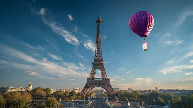 Eiffel Tower with Hot Air Balloon in Paris France