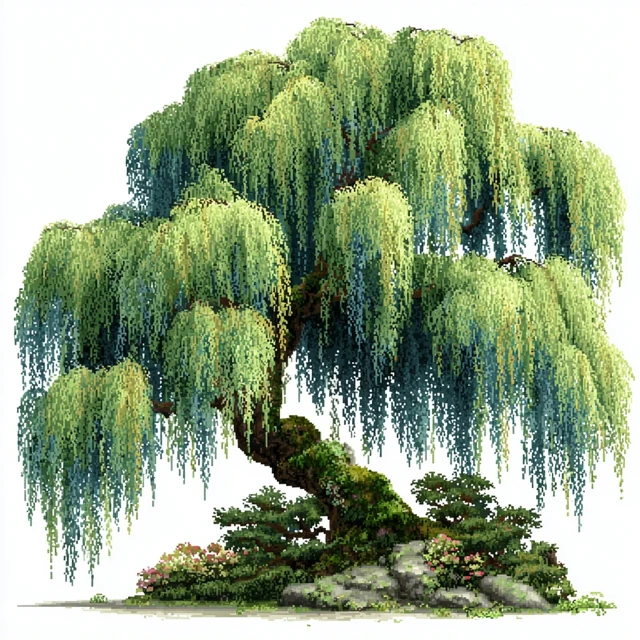 Pixel Art Weeping Willow Tree Isolated on White