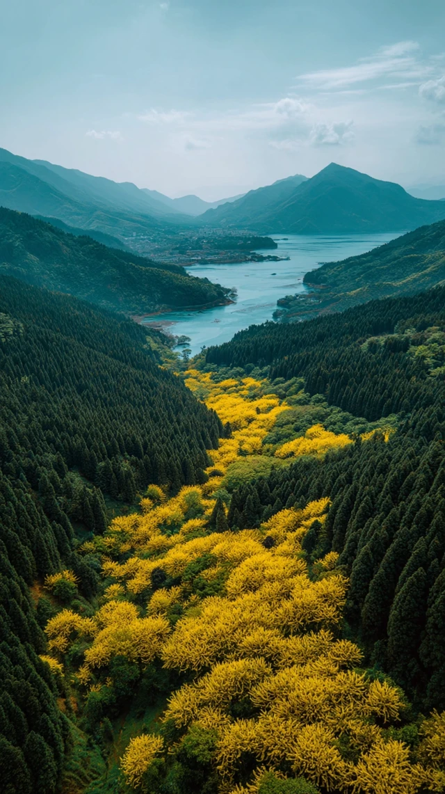 Ginkgo Forest Landscape with Mountains and Water