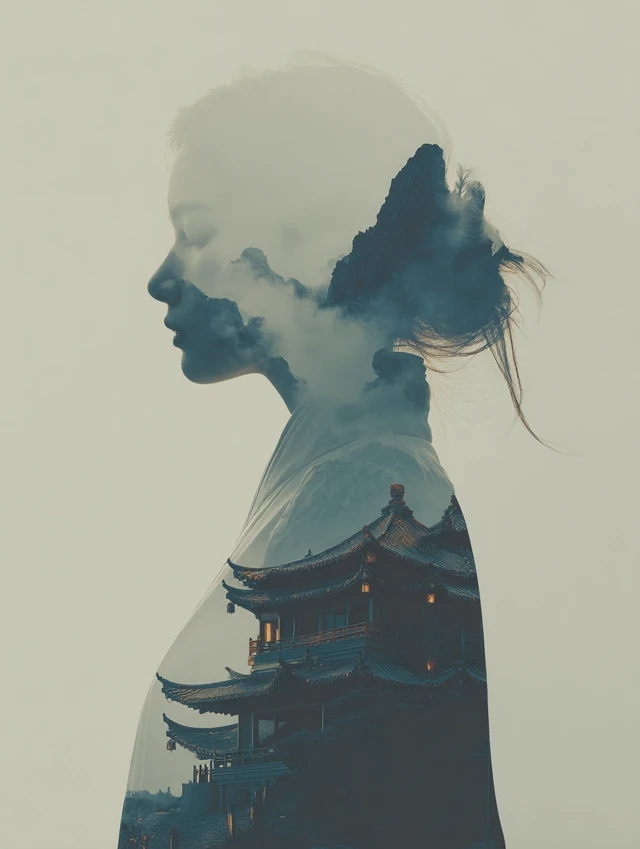 Ethereal Woman in Double Exposure Chinese Art