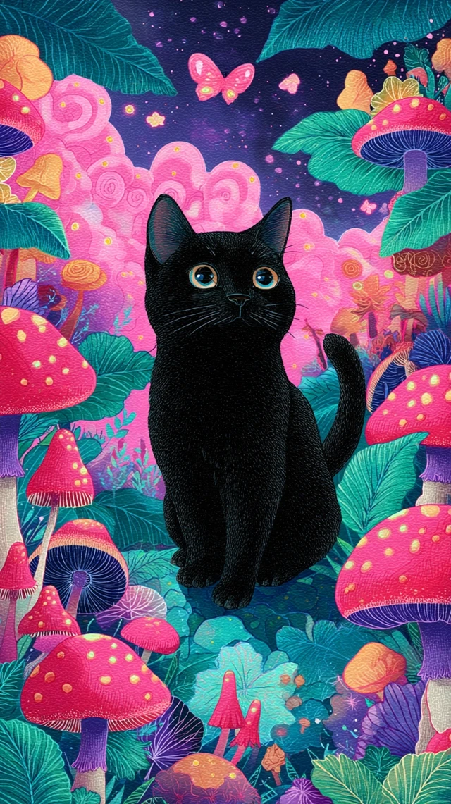 Black Cat in Psychedelic Mushroom Wonderland