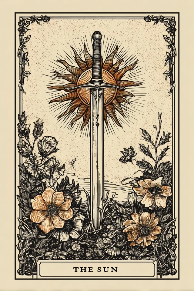 The Sun Tarot Card Illustration Sword Flowers