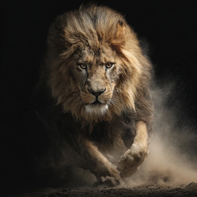 Chasing Lion Dynamic Pose Intense Look