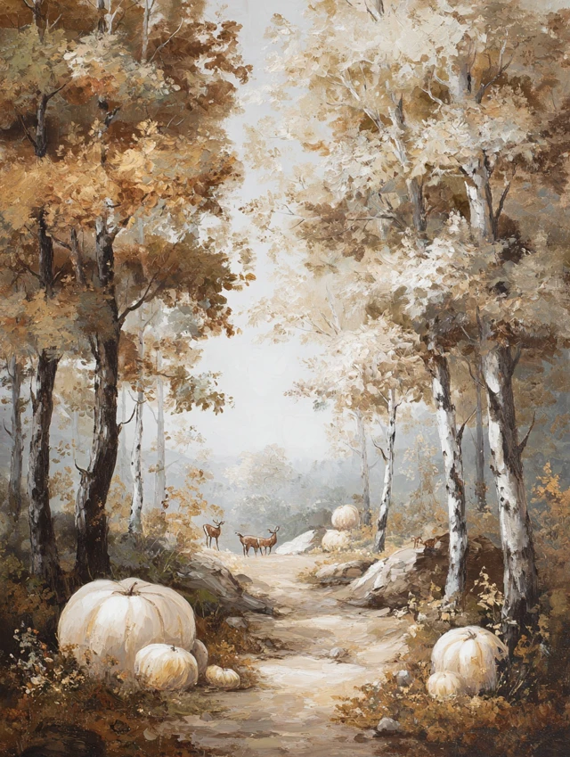 Vintage Autumn Forest Oil Painting with Pumpkins