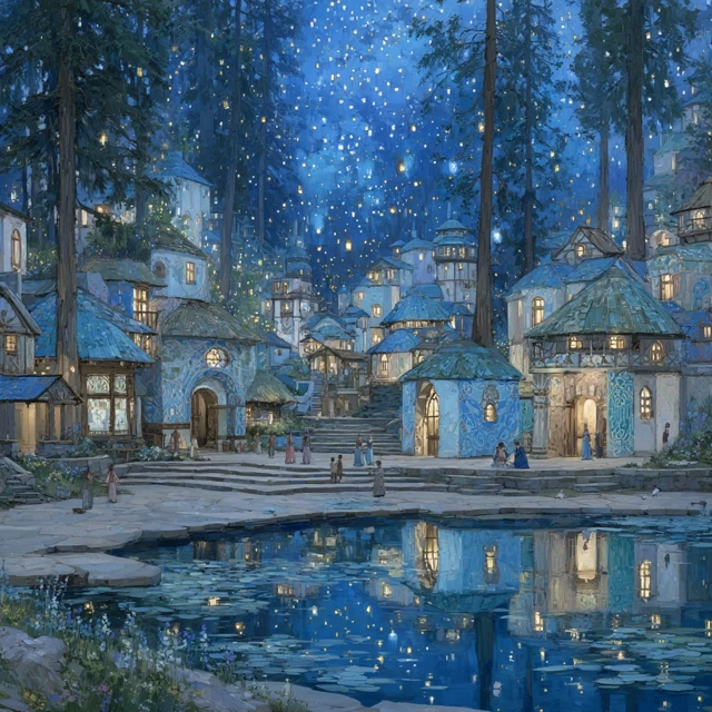 Forest Village at Dusk: Bioluminescent Lights and Festival