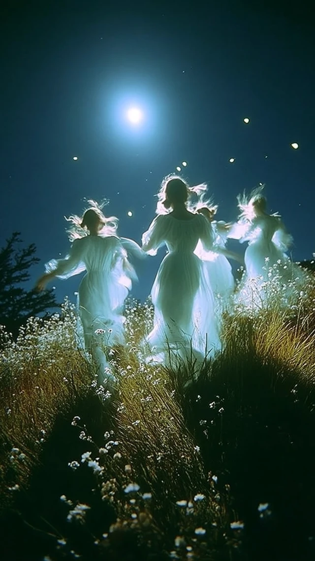 Witches Dancing Moonlight Dreamy Night Scene