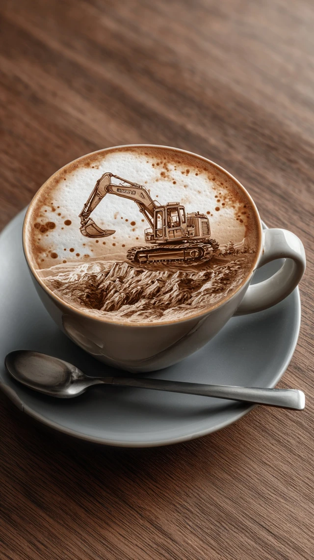 Latte Art Excavator Coffee Cup Design