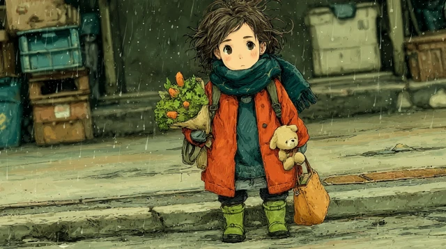 Cute Girl in Rain Anime Illustration