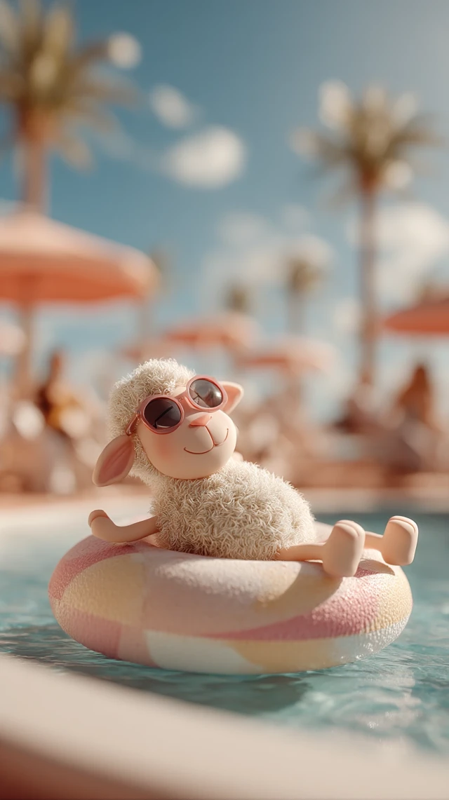 Cute Sheep Enjoying Summer Vacation at Beach Resort