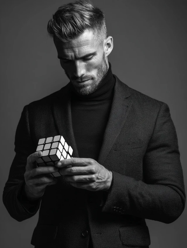 Male Model Solving Rubiks Cube Black and White Photo