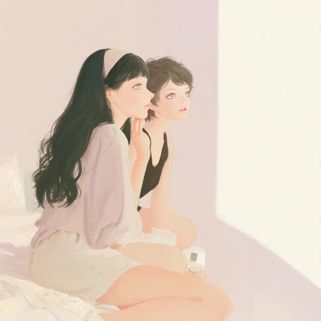 Anime Girls Watching Movie Illustration