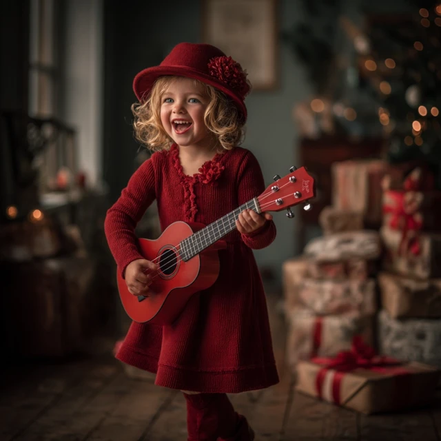 Cute Girl in Red Playing Guitar at Christmas