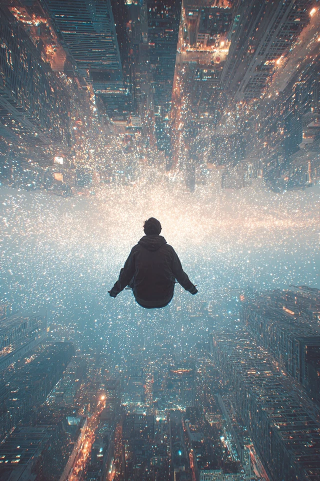 Dreamlike World Boy Floating Between City and Stars