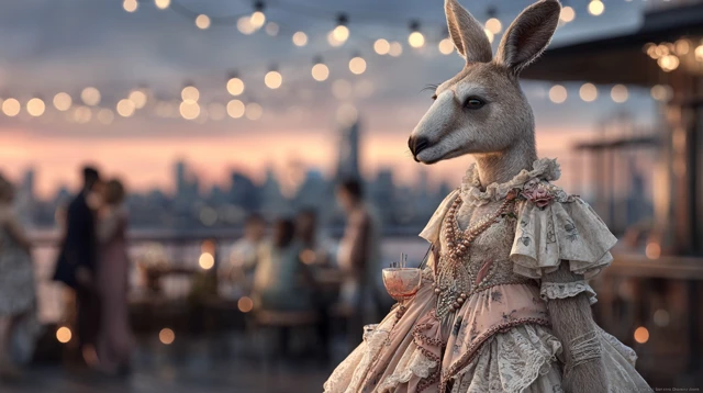 Anthropomorphic Kangaroo Woman Rooftop Bar Sunset