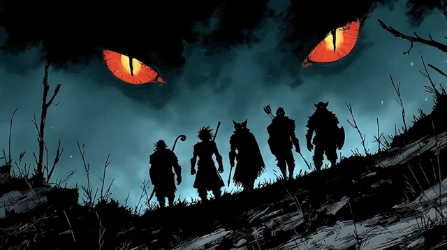DND Dark Fantasy Illustration with Heroes and a Monster