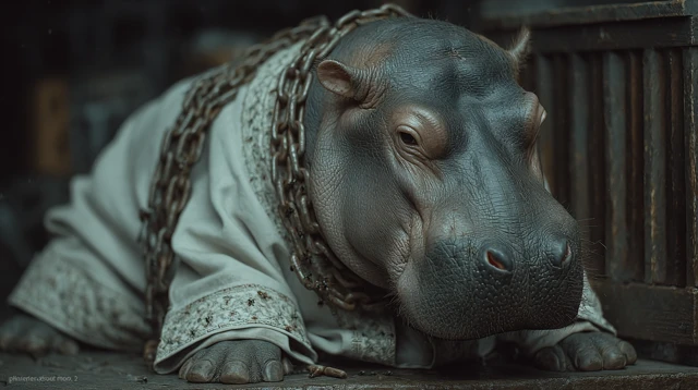 Hippopotamus in Shirt on Medieval Street