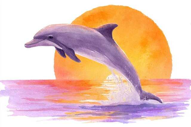 Dolphin Leaping Sunset Watercolor Clipart