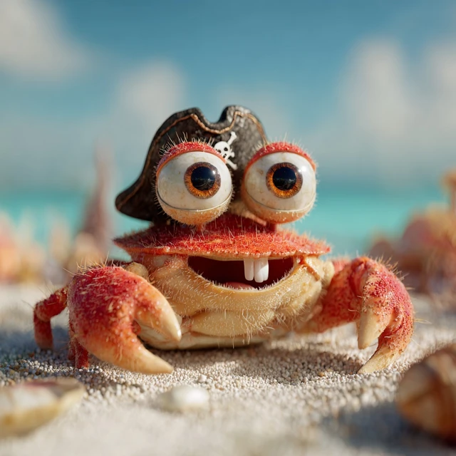 Cute Pirate Crab Smiling on the Beach 3D Illustration