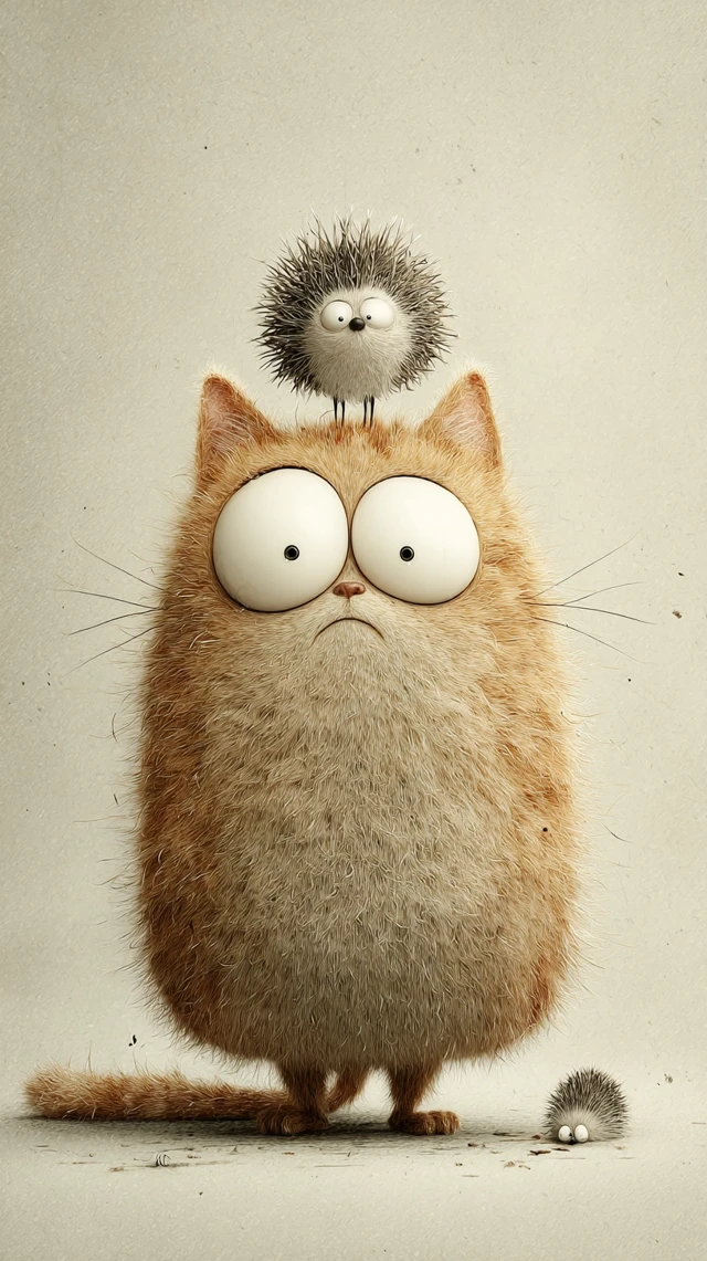 Funny 3D Cat with Hedgehog Playful Caricature