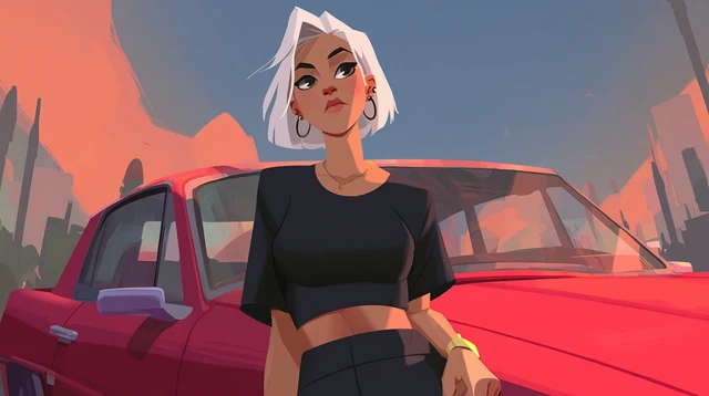 Disney Style Woman and Car Illustration