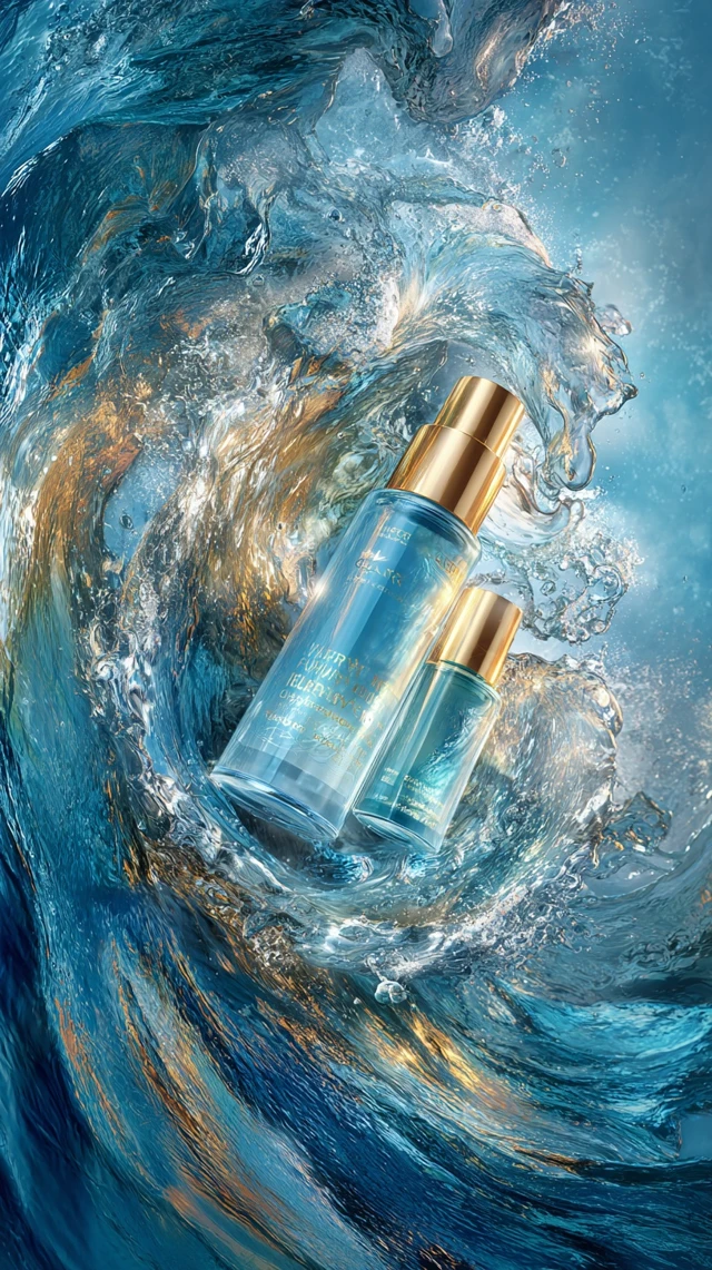 Luxury Skincare Product in Water Waves