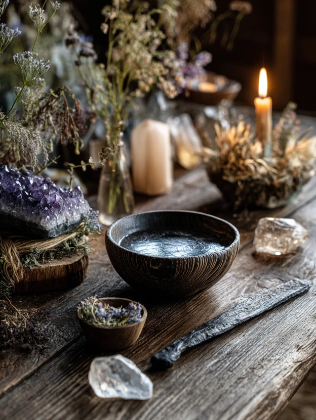 Ritual Setup Wood Table with Crystals Herbs and Candle