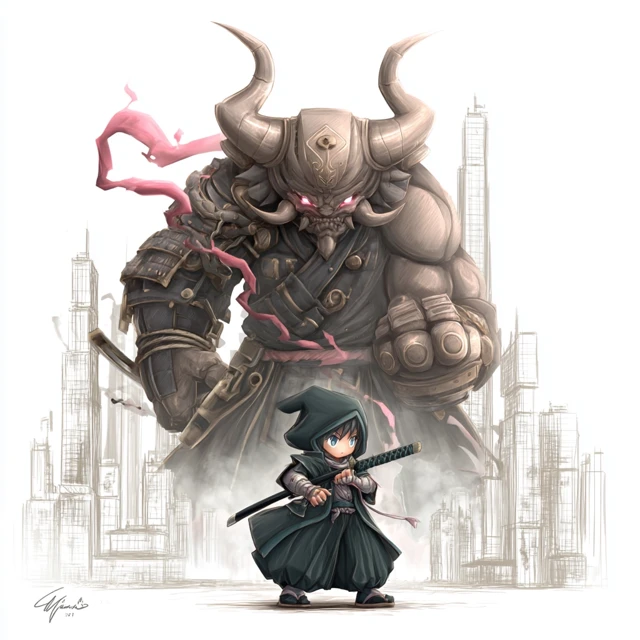 Ronin vs Demon Futuristic Metropolis Art