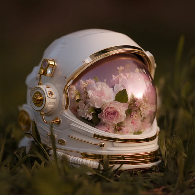 Astronaut Helmet with Flowers Romantic Scene