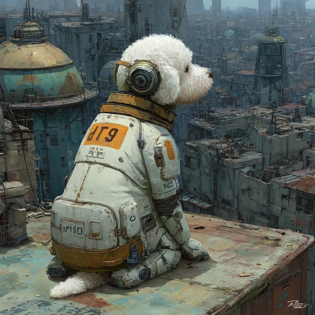 Cyberpunk Bichon Frise on a Dystopian Rooftop