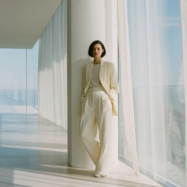 Fashion Editorial Cream Blazer Minimalist Apartment