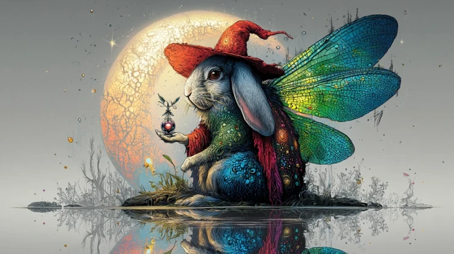 Whimsical Rabbit Witch with Dragonfly Wings Cartoon Art