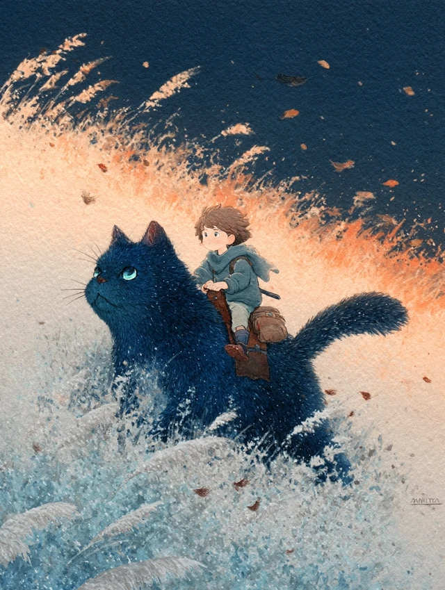 Girl and Cat Ride Through Sunset Field Watercolor Ghibli