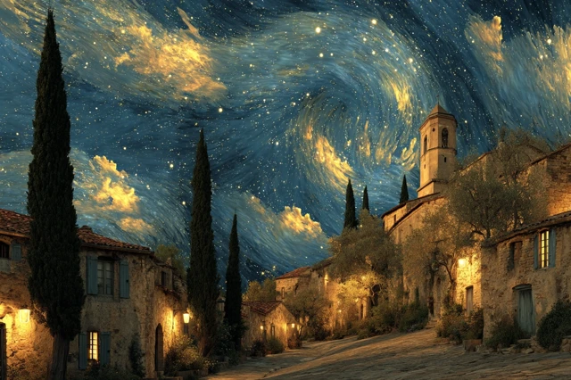 European Village Night Photo with Starry Sky