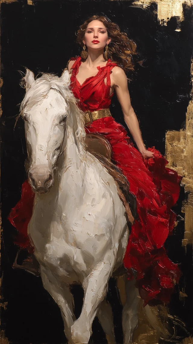 Woman on Horse Oil Painting in Red Dress