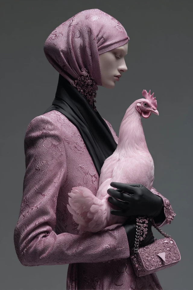 Fashion Model Holding Pink Chicken Balenciaga Style