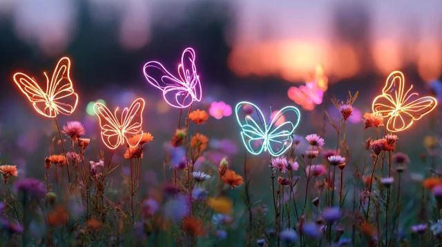 Neon Butterflies in a Dreamy Meadow