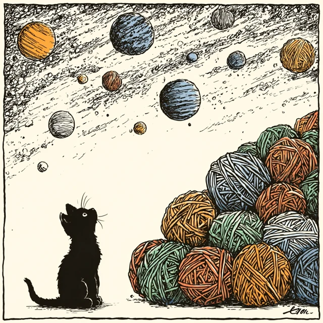 Cartoon Cat and Yarn Universe Illustration