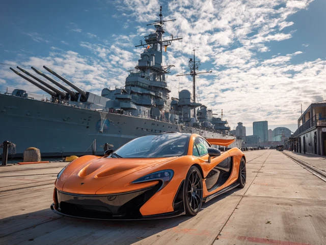 Orange McLaren P1 and Battleship US Pier Photo